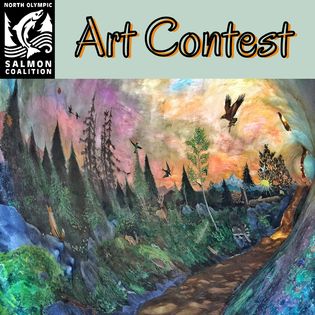 A colorful mural of a healthy riparian ecosystem shows eagles, trees, streams and more. Photo of the inside of Fin the giant salmon.